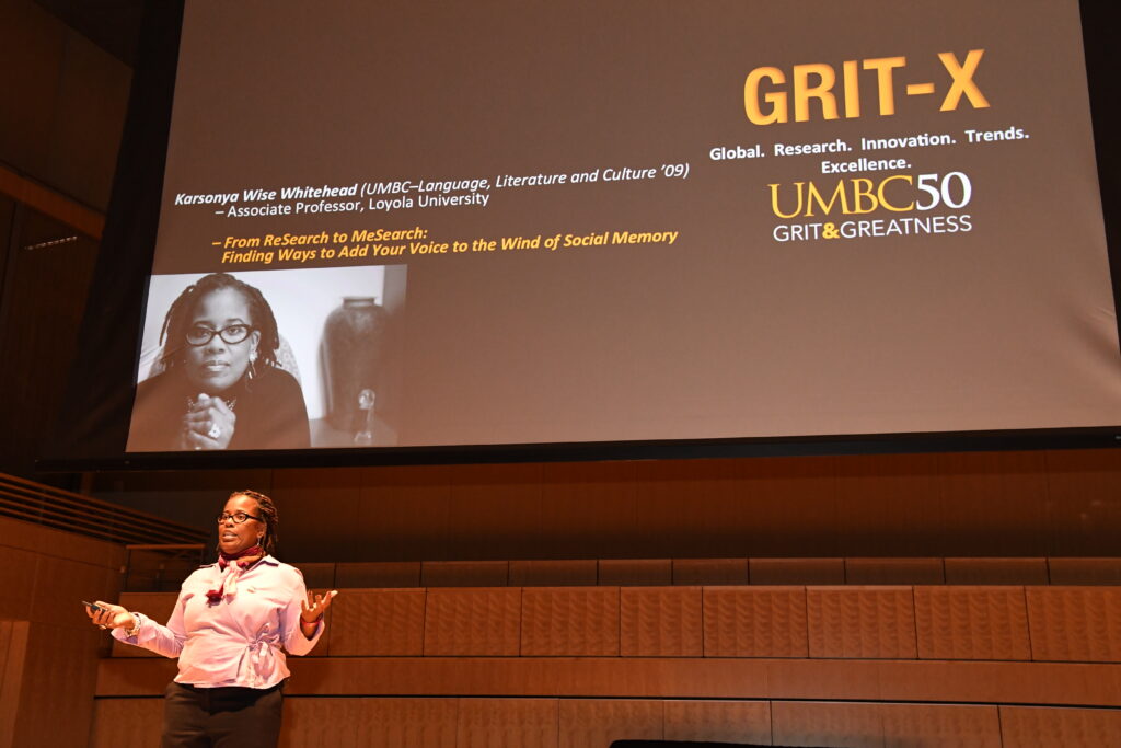 Karsonya Wise Whitehead, Ph.D. '09, language literacy and culture, presents at GRIT-X. 