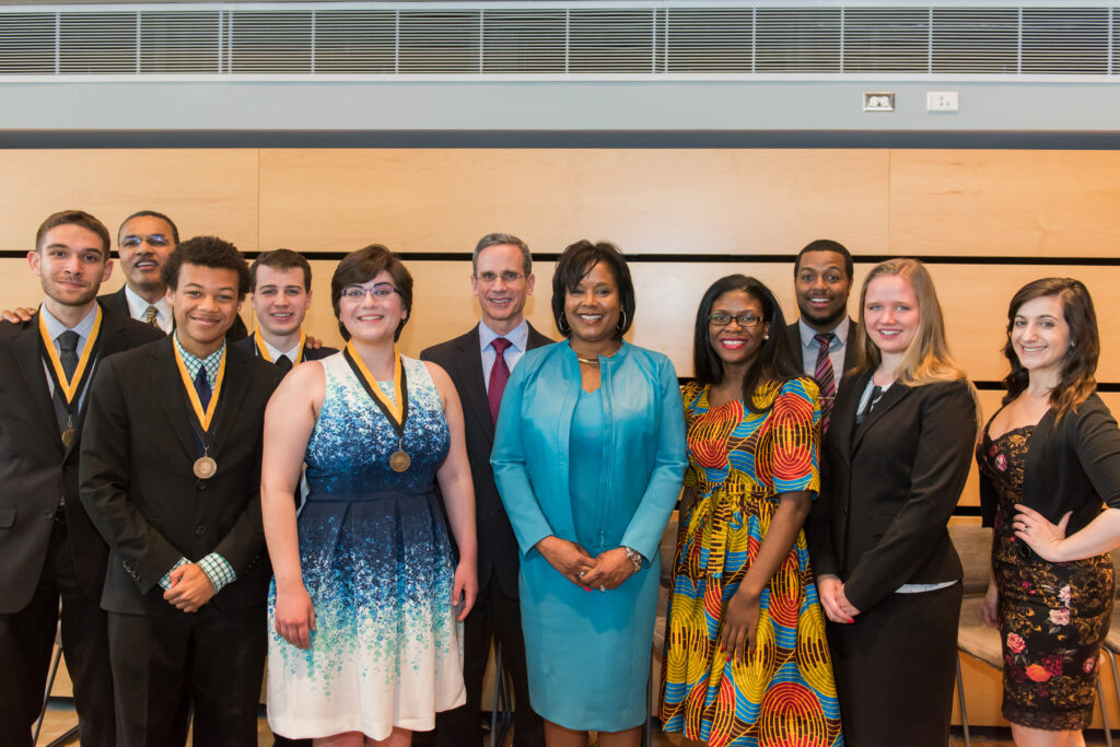 President Hrabowski, valedictorian finalists, Semmel, Hill, and student leaders at a special reception recognizing the honorary degree recipients.