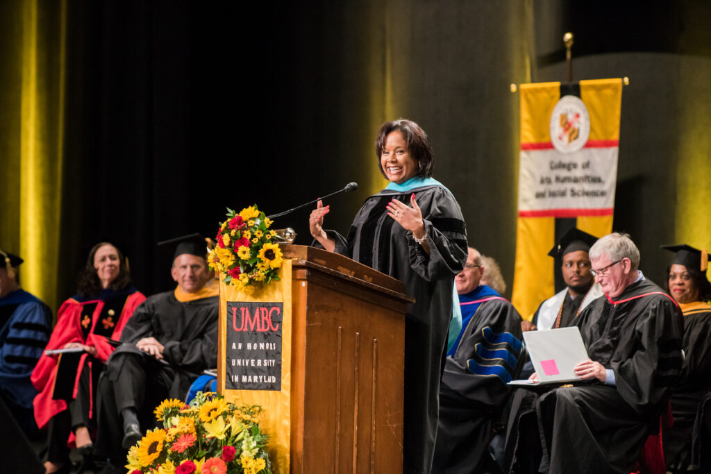 Stephanie Hill speaks during the undergraduate ceremony.