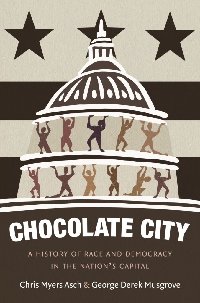 A book cover with an image of people holding a dome with thick brown and beige lines in the background and underneath the words Chocolate City in white 